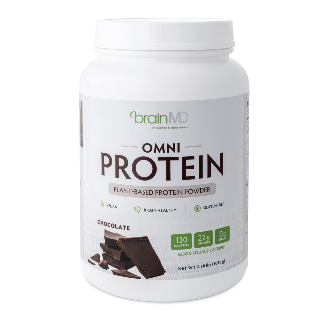 BRAINMD 박사 Amen Omni Protein Chocolate - 2.38 파운드 - 식물 기반 단백질 분말 - 에너지 및 운동 회복 촉진 - 채식주의, 설탕 무료, 글루텐 무료 - 30 서빙