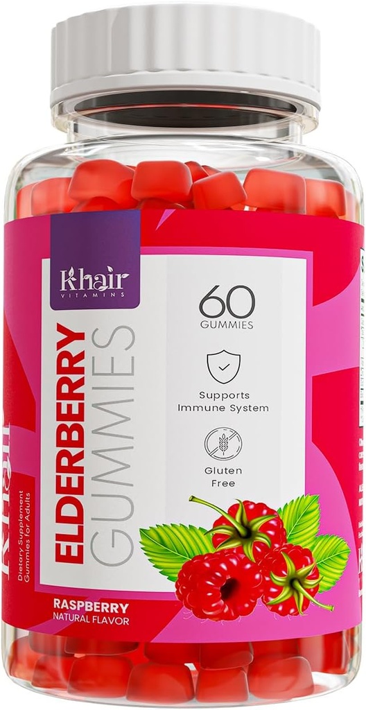 Khair Halal Elderberry Gummies - 슈퍼 산화제 보충, 부스트 Immunity & Fights Seasonal 알레르기 - 비 GMO, 채식주의, 글루텐 무료, 젤라틴 무료 & 할랄 비타민 - 60 구미