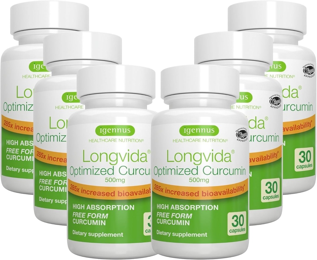 Igennus Longvida Lipidated Curcumin 500mg, Ultra Bioavailable & Sustained Action, 65x Higher Plasma Levels, 인텐시브 지원, Free-Form Curcumin, Vegan, 180 캡슐