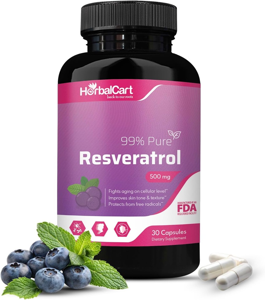 Pure Resveratrol 500mg - 산화 방지제, 건강한 시효 및 심장 건강 지원