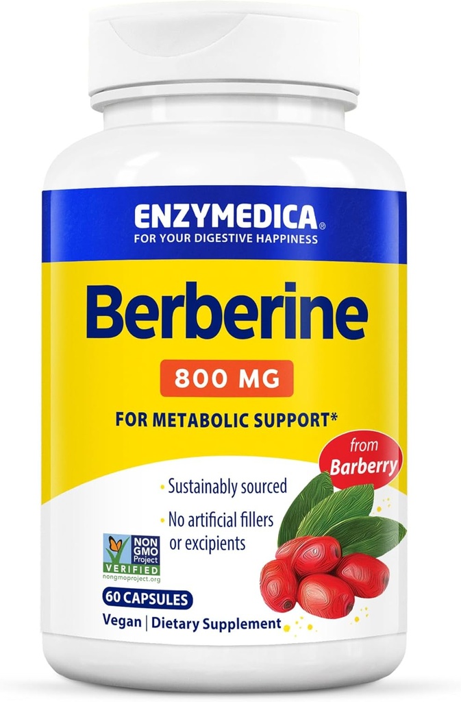 Enzymedica Berberine 800 mg – 지속 가능한 Sourced Barberry – Non-GMO, Gluten-Free, No Fillers 또는 Excipients – 60 캡슐에 대한 채식 캡슐