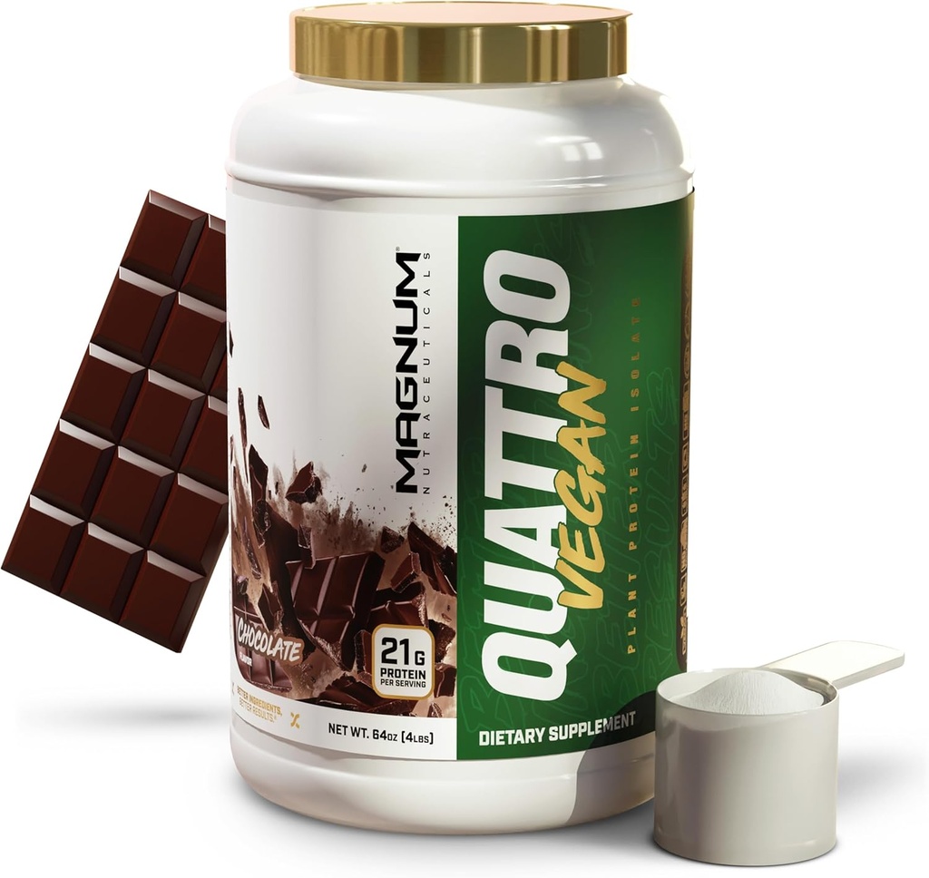 Magnum Nutraceuticals Quattro Vegan Protein Powder, 초콜릿 2lb - 근육 성장 및 회복을위한 프리미엄 공장 기반 단백질 분말 절연