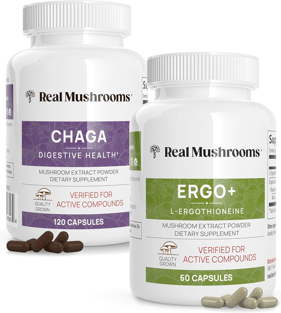 Real Mushrooms Ergothioneine (60ct)과 Chaga (120ct) 번들 Shiitake와 Oyster 버섯 추출물 - Longevity, Digestive Health - Vegan, Gluten Free, Non-GMO - 건강한 노화를위한 자연 지원