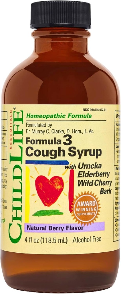 CHILDLIFE Essentials Formula 3 Kids Cough Syrup - 어린이 Cough Medicine for Kids 2-11, Umcka, Elderberry & Wild Cherry Bark, 글루텐 무료 - 자연 Berry, 4 Fl Oz