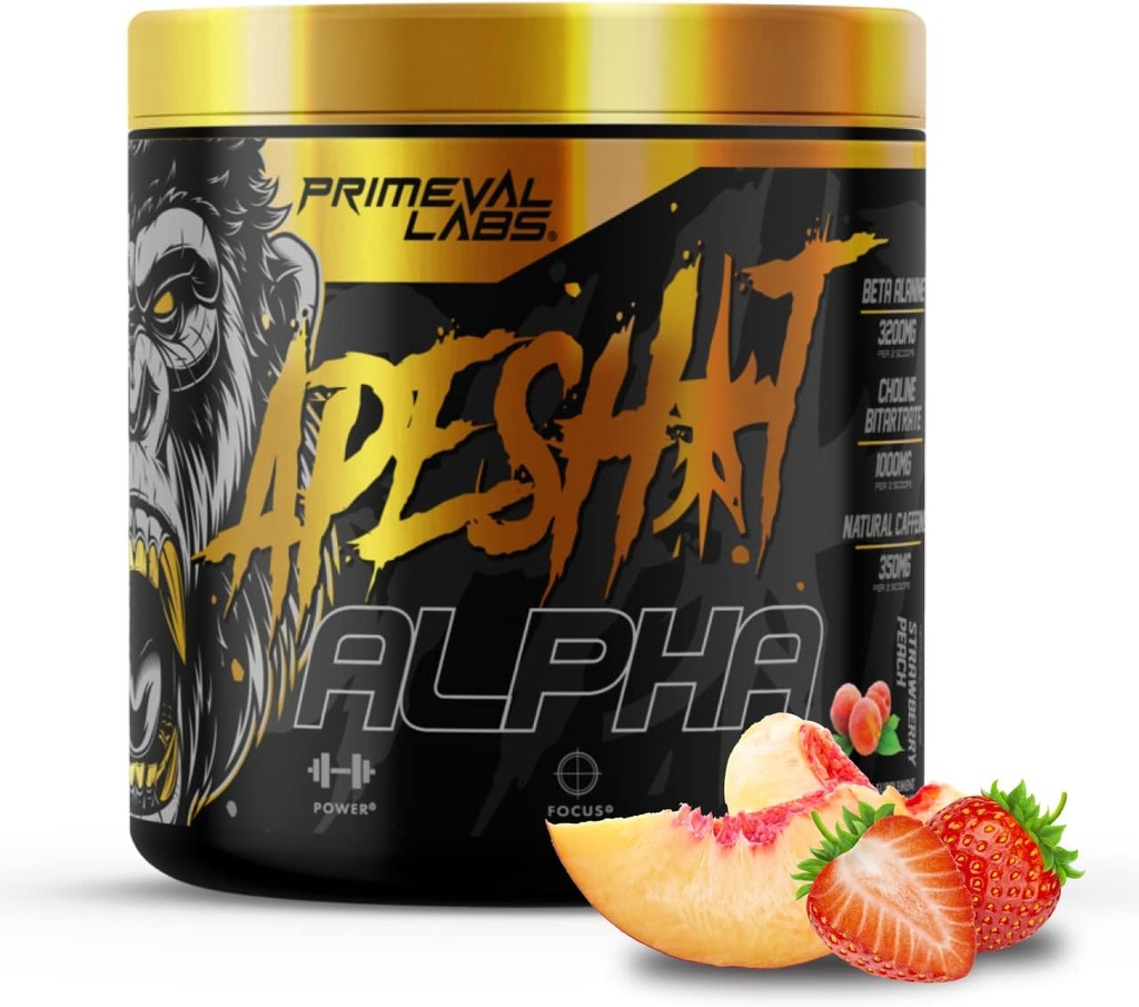 Primeval Labs Ape Alpha Natural Pre Workout for Men and Women | Endurance and Focus | 350mg 카페인 | 베타 알라닌 | L 시트룰린 | 니트로 산화물 부스터 | Strawberry Peach, 40 인분