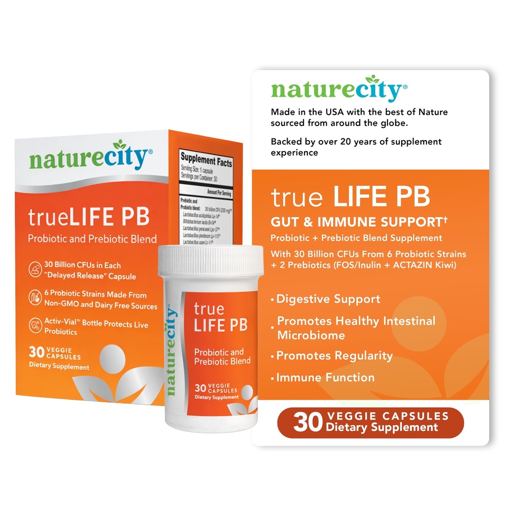 NatureCity True-Life-PB 선반 여성과 남성을위한 안정 혼합 프리 바이오 틱스 및 프로 바이오 틱 - 여성과 남성을위한 소화 Gut 건강 보조제 - Dairy Free - (30 Veggie 캡슐)