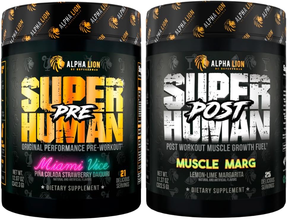 ALPHA LION Superhuman Pre 운동 분말 & 포스트 운동 회복 뭉치, 지속된 에너지 & 초점 + Lean 근육 성장, 힘 & 양 (Miami 부 & 근육 Marg)