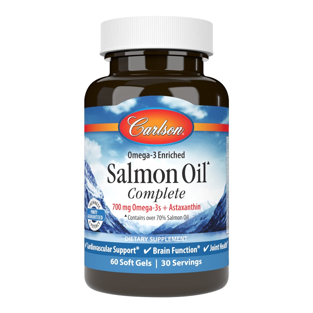 Carlson - Salmon 기름 완전한, 700 mg Omega-3s + Astaxanthin의 심장 혈관 지원, 뇌 기능 & 합동 건강, 60 Softgels