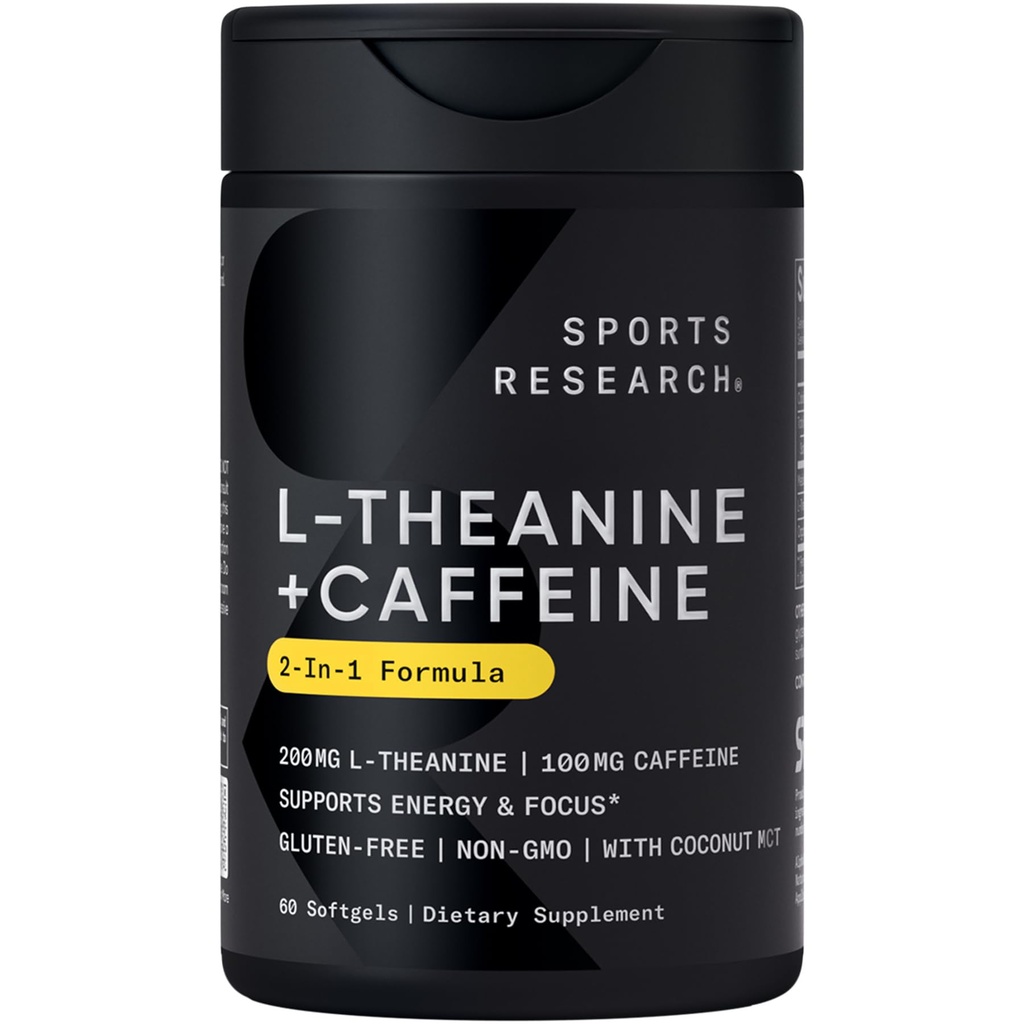 Caffeine & Coconut MCT 기름을 가진 스포츠 연구 L-Theanine 보충교재 - Drowsiness 없는 집중된 에너지, Alertness & Relaxation - 200mg L Theanine, 100mg 유기 카페인 - 60 액체 Softgels