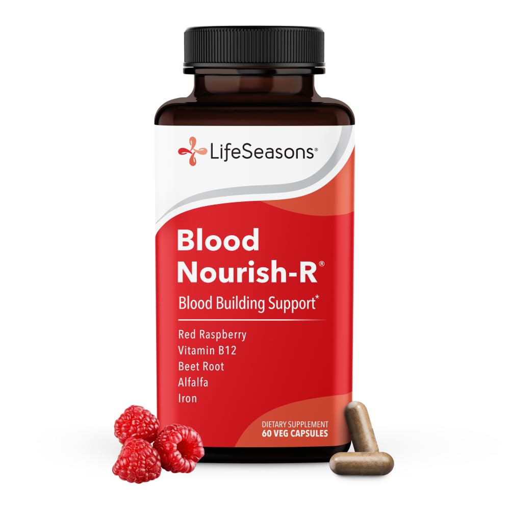 LifeSeasons Blood Nourish-R - Iron Deficiency 보충교재 - 지원 빈혈, 피로, Paleness & Dizziness - 변비 없음 - 혈액 빌딩 - 철, 알파, 라즈베리 & 비타민 B-12-60 캡슐