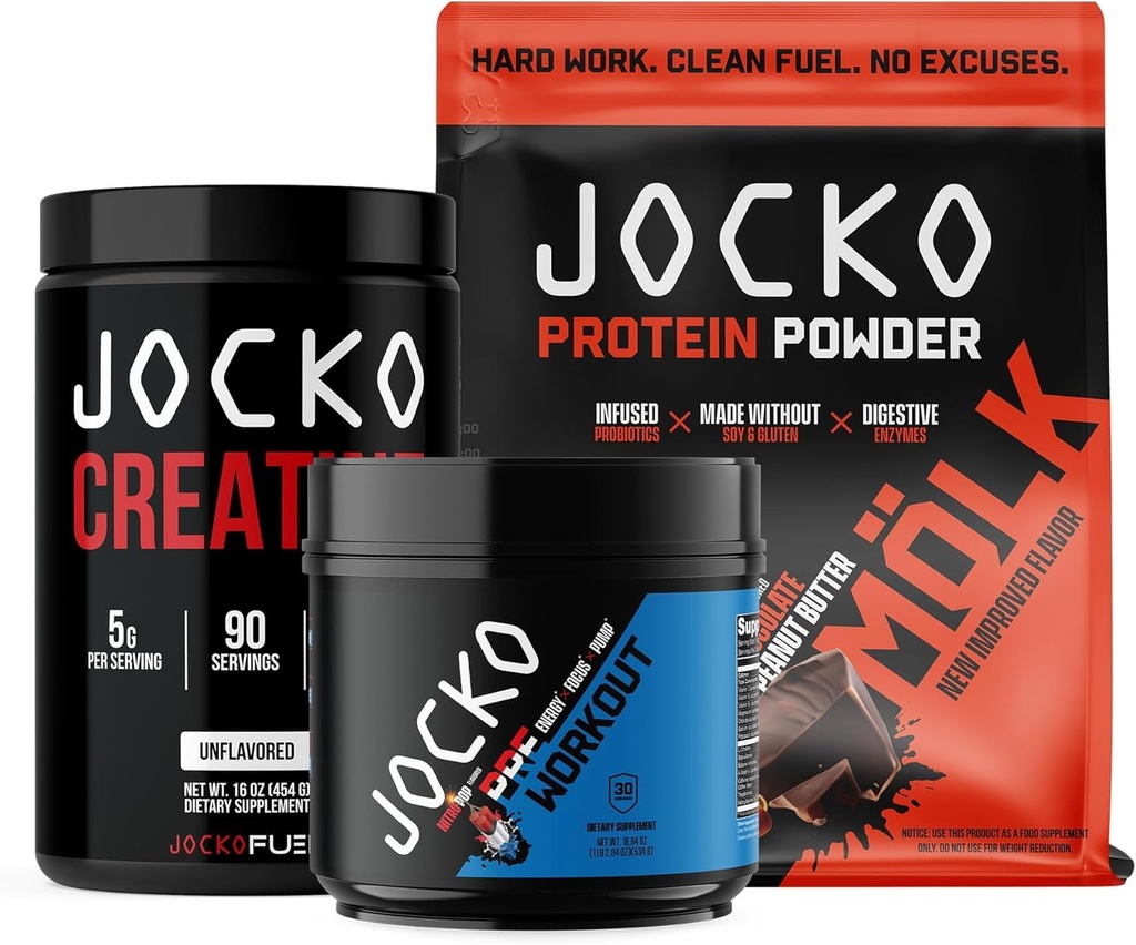 Jocko Fuel 3 Pack 번들 - 크레아틴, 초콜릿 땅콩 버터 MOLK Protein, & Nitro Pop Pre Workout