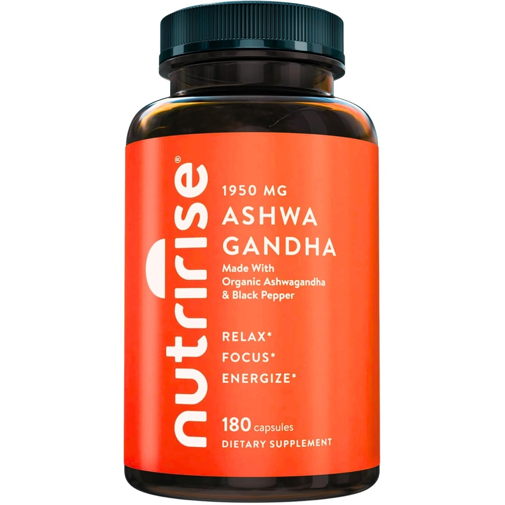 NutriRise Organic Ashwagandha Root Capsules with Black Pepper 1950mg, Natural Stress & Mood, Thyroid & Immune Support Supplement, 수면 보조, Clarity, Focus & Energy, 글루텐 무료, 180 카운트