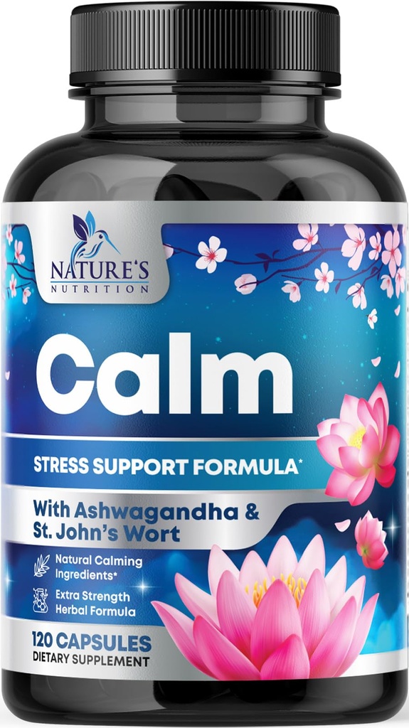 Natural Calm, Unwind & Relax Support - Ashwagandha, GABA, Magnesium, L-Theanine & More - 자연 초점, 에너지 및 면역 지원 - Nature's Non-GMO, Vegan, Gluten Free, 미국 - 120 캡슐