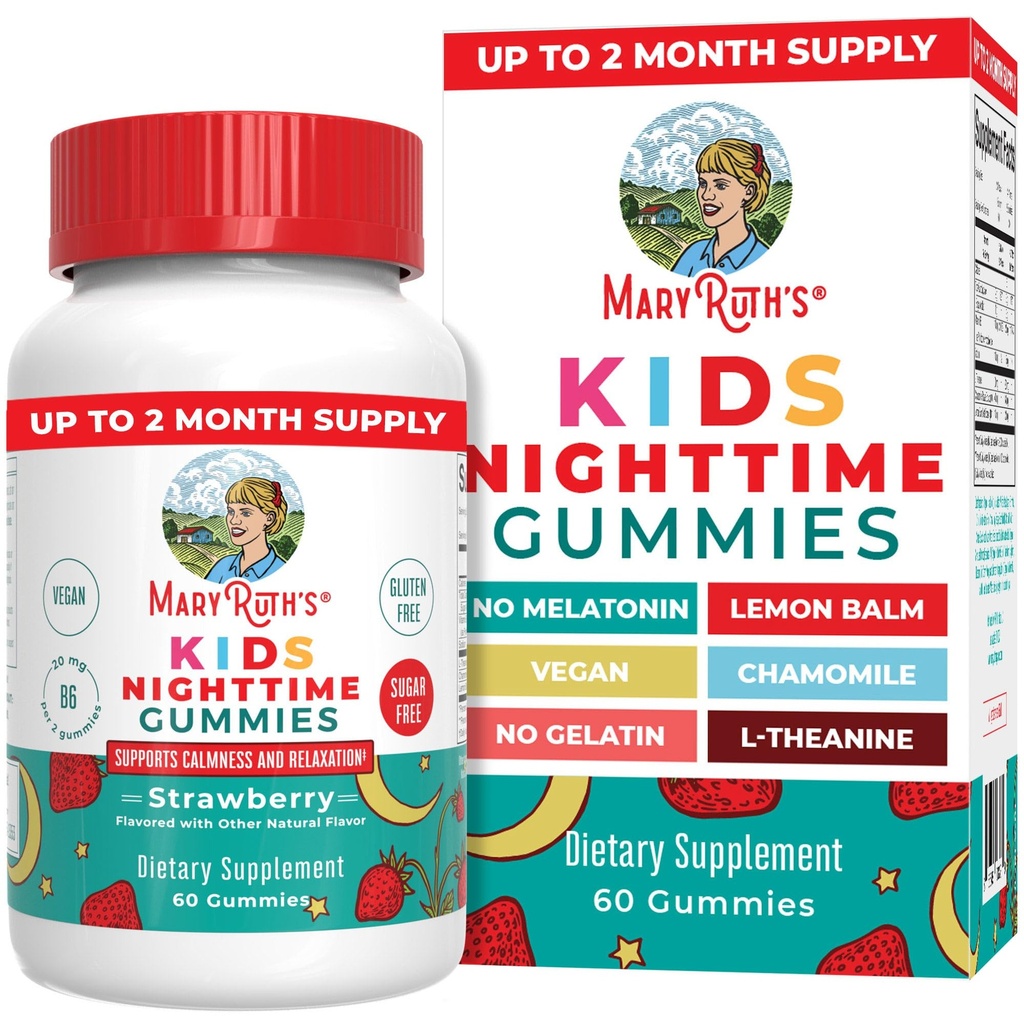 MaryRuth Organic Kids Nighttime Gummies | 슈가프리 | L Theanine, Lemon Balm, Chamomile, Vitamin B6 | 키즈용 Relaxation Support 2+ | Vegan | Non-GMO | 글루텐 프리 | 60 개