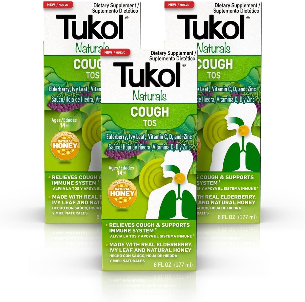 TUKOL Naturals Elderberry Syrup with Vitamin C, D 및 아연, 성인 및 청소년을위한 자연 꿀과 면역 지원 보충, Immunity & Antioxidant Support, 6oz, 3 팩
