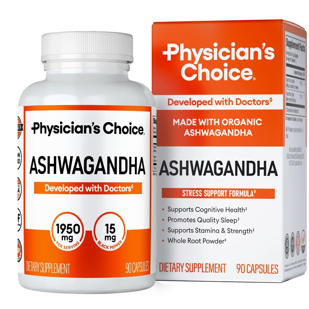 Physician's CHOICE Ashwagandha 보충 - Bioavailable 유기 Ashwagandha 뿌리 분말의 1950mg - 까만 고추 추출물, 긴장 지원, 계류 지원 보충교재, 90의 Veggie Ashwagandha 캡슐