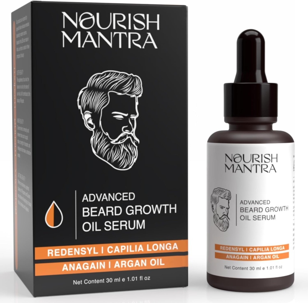 NOURISH MANTRA-Advanced Beard Growth Oil Serum | Redensyl, Capilia Longa, Argan Oil, Vitamin E, Jojoba Oil for Fuller, Thicker & Healthier Beard Growth | 남성용 곰 오일 세럼 | 30 ml