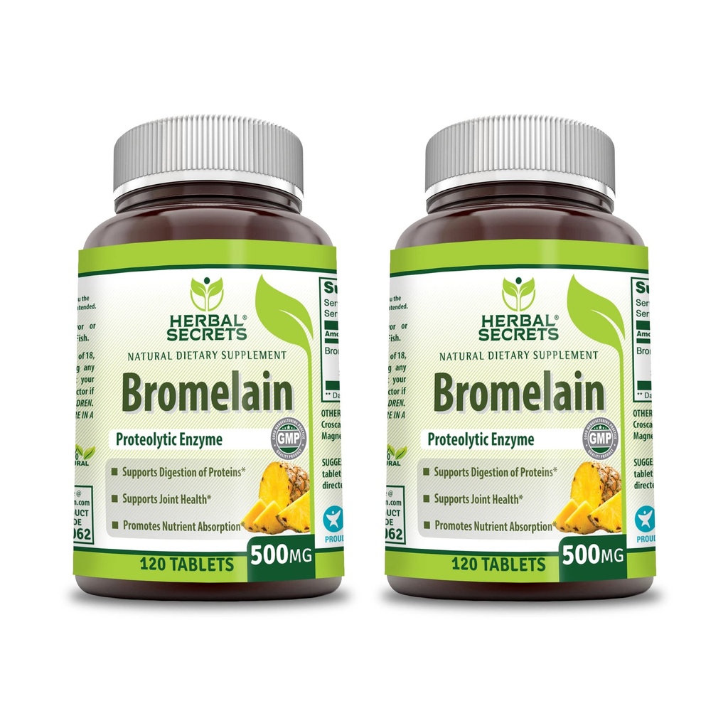 허브 시크릿 Bromelain 500 Mg 120 정제 보충 | 2 팩 | Non-GMO | 글루텐 프리 | 미국에서 제작