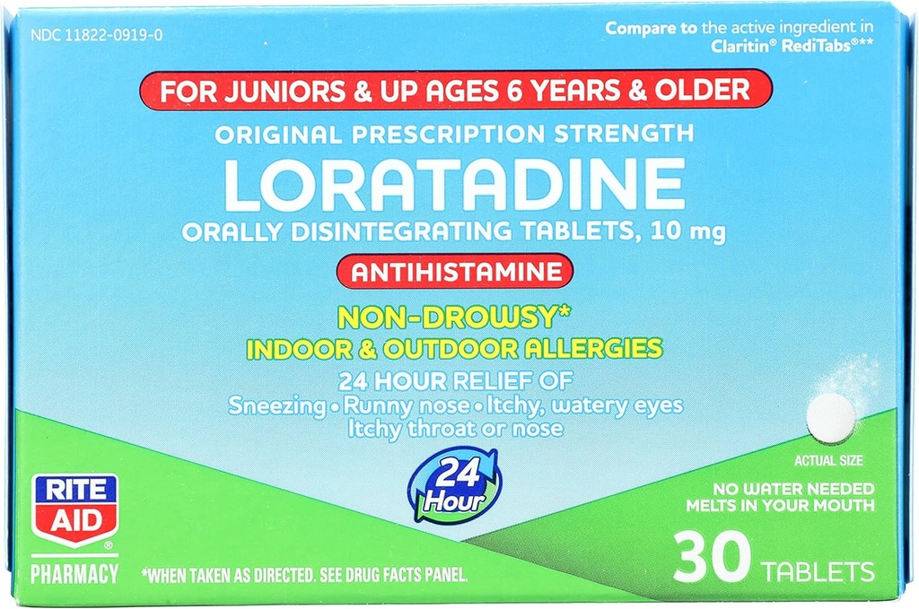 Rite Aid Kid's Non-Drowsy Allergy Relief, Loratadine 10mg, 민트 맛 - 30 정제 | 구강 분해 탭 | 6세 이상