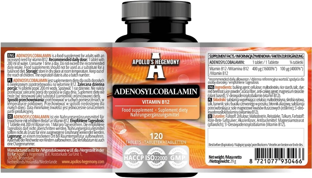 APOLLO의 HEGEMONY Adenosylcobalamin 120 정제 - 향상된 에너지 대사를위한 최적의 Bioavailable 비타민 B12 - 480 서빙 - 다이어트 보충