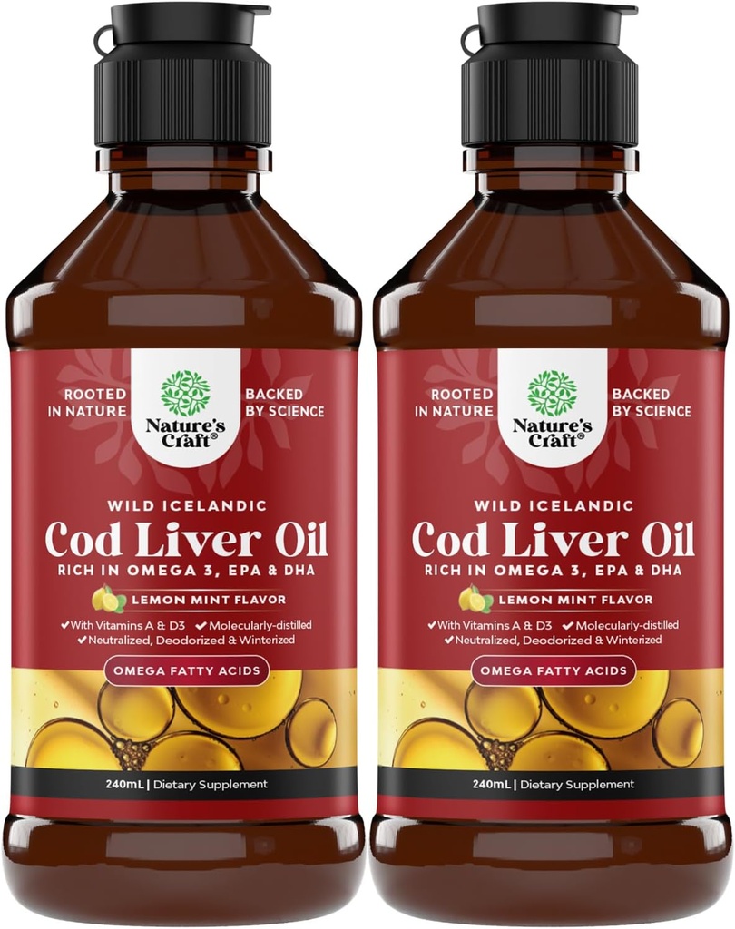 아이슬란드 야생 겁에 질린 Cod Liver 오일 액체 - 오메가 3, EPA, DHA, 비타민 D 및 A - 심장, 관절, 두뇌 및 면역 지원을위한 액체 코드 간질 보충 - 240 ml (8 Ounce) 2 팩