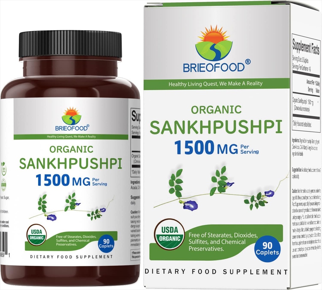 Brieofood 유기 Sankhpushpi 1500mg, 45 서빙, 채식, 글루텐 무료, 90 채식 정제