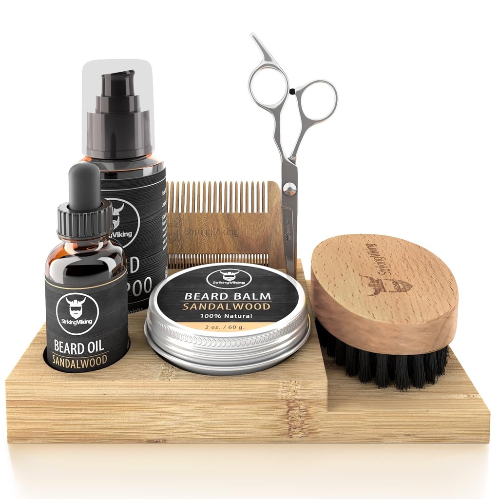 Striking Viking Beard 성장 키트 - 7 조각 세트, Sandalwood Scent & Caddy - Beard Brush, Dual-Sided Comb & Scissors plus Mustache Comb for Grooming & Styling