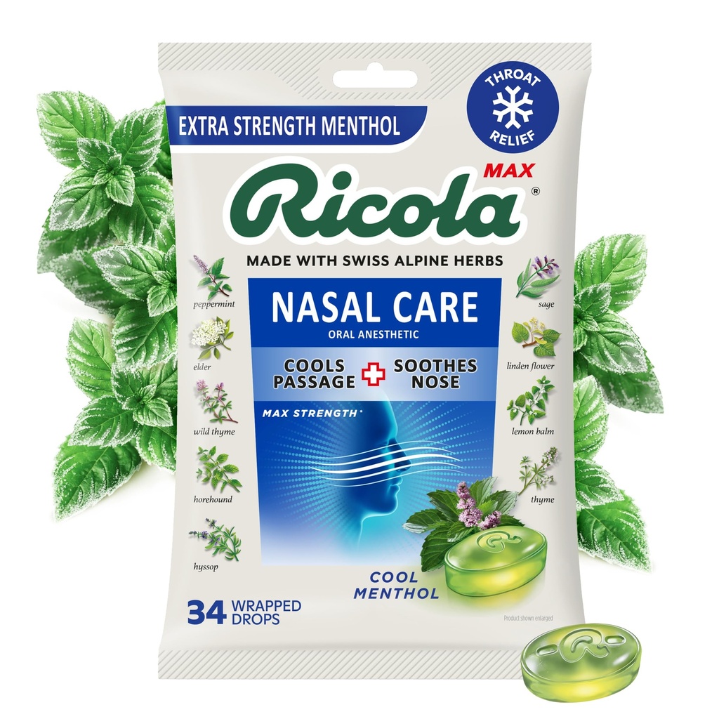 Ricola Max Cool Menthol Nasal Care Large Bag | Cough Suppressant Drop | Dual Action Liquid Center | Soothing Long-Lasting Relief - 34 개 (팩 1)