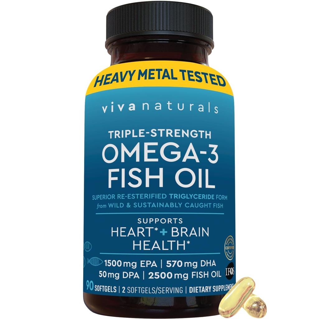 Viva Naturals Triple Strength Omega 3 Fish Oil Pills - 2500 mg 2250 mg 오메가 3 지방산 (EPA, DHA, DPA 포함)을 함유 한 높은 순수성 공식 흡수 - IFOS 인증, 90 Softgels