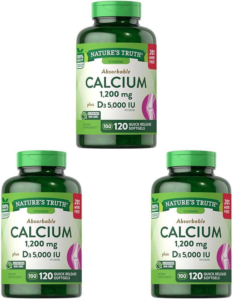 비타민 D3 5000 IU를 가진 성격의 간 흡수성 칼슘 1200 mg | 120 Softgels | 칼슘 탄산염 | 비 GMO 글루텐 자유로운 보충교재 (포장 3)