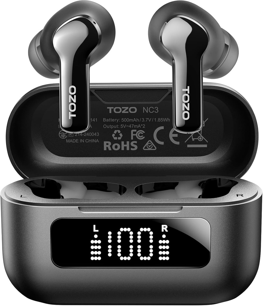 TOZO NC3 잡종 활동적인 소음은 6 Mics AI 명확한 외침 귀를 가진 무선 Earbuds를 취소합니다 LED 전시를 가진 55H 재생 시간 32 APP Bluetooth를 통해 EQs 5.3 IPX8는 이어폰에서 방수 처리합니다
