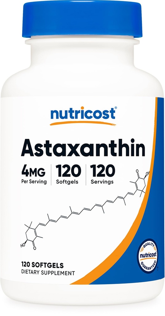 Nutricost Astaxanthin 4mg, 글루텐 무료 및 비 GMO, 120 Softgels (4 달 공급)