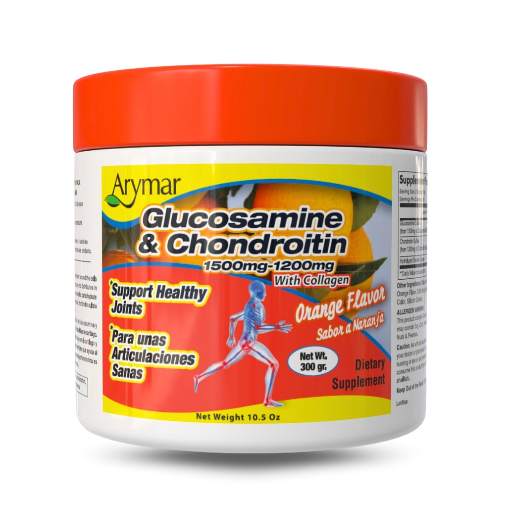 Arymar Glucosamine 1500 mg + Collagen과 Chondroitin 1200 mg – 오렌지-Flavored 합동 건강 분말, 300 g