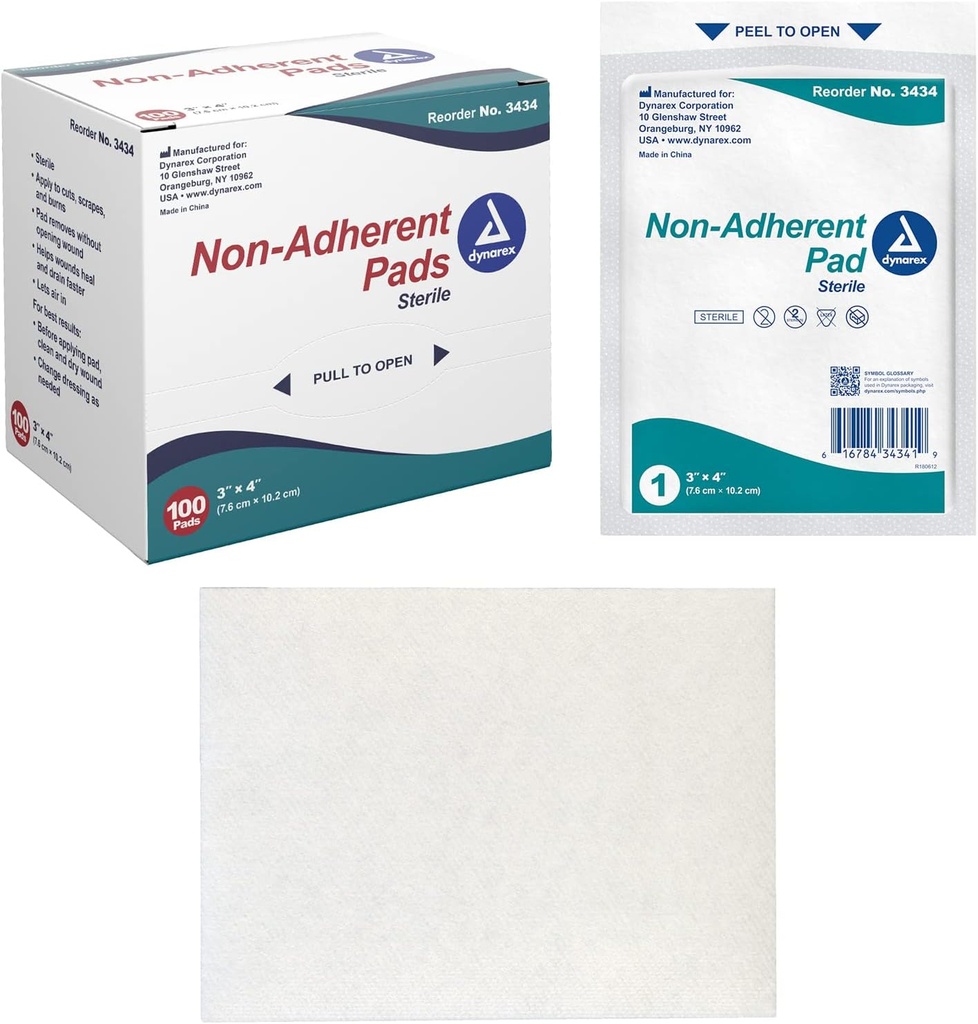 Dynarex Non-Adherent Pads-Sterile, 개별적으로 포장, 비-Stick Wound 및 Burn Care, Soft & Highly Absorbent, 3" x 4", 100 비-Adherent Pads-Sterile의 1 박스