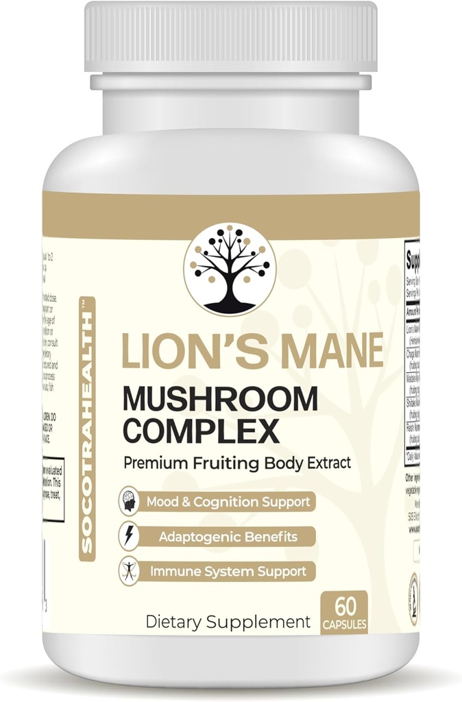 Lions Mane 버섯 보충 - 프리미엄 과일 바디 추출물 - Chaga, Maitake, Shiitake, Reishi - Mood, Brain 및 Immune 지원, Adaptogen - Non-GMO - 60 Vegan 캡슐