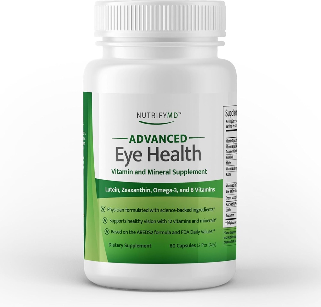 Lutein, Zeaxanthin, Omega-3 및 B 비타민과 고급 눈 건강 비타민 및 미네랄 보충 - 60 캡슐