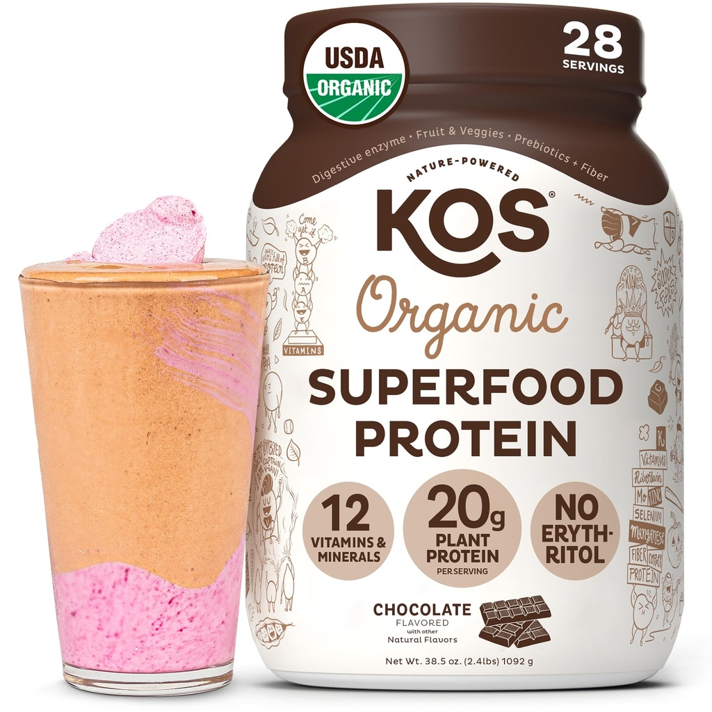 KOS Vegan Protein Powder Erythritol Free, Chocolate - 유기농 완두 단백질 혼합, 비타민 및 미네랄 기반 Superfood Rich - Keto, Dairy Free - 여성 및 남성을위한 식사 교체, 28 서빙