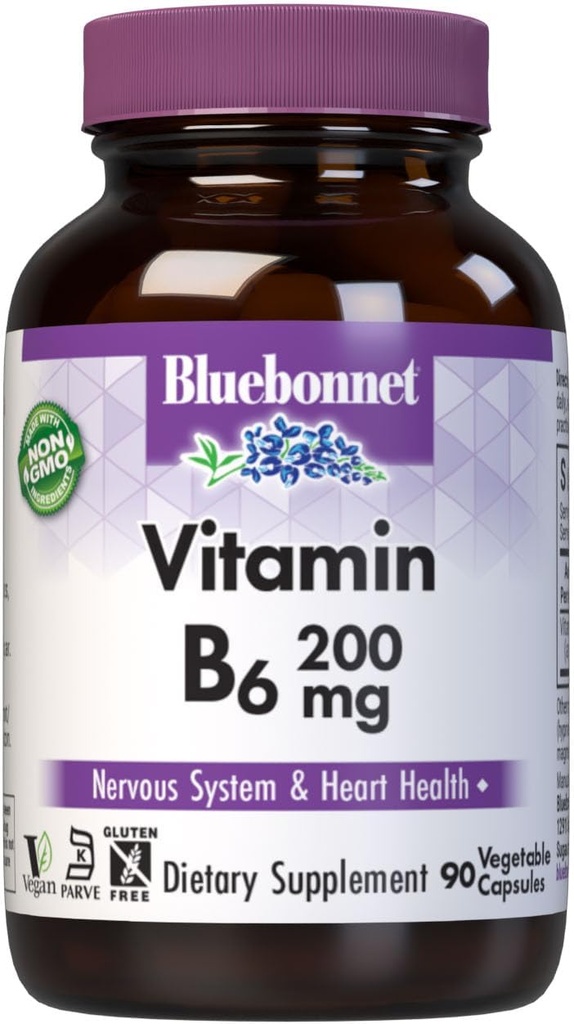 Bluebonnet 영양 비타민 B6 야채 캡슐, 200 mg, 심장 혈관 및 신경 시스템 건강, 콩 무료, 글루텐 무료, 고셔, 낙농장 무료, 비 GMO, 90 야채 캡슐, 90 서빙