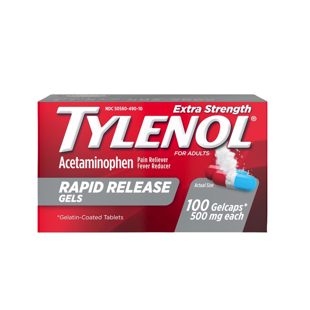 Tylenol 여분 힘 Acetaminophen 급속한 방출 젤, 고통 Reliever & Fever 흡진기, 빠른 방출을 위한 레이저 교련된 구멍을 가진 젤caps, Stomach, 젤캡, 100 조사 OTC 약 당 500 mg에 Gentle