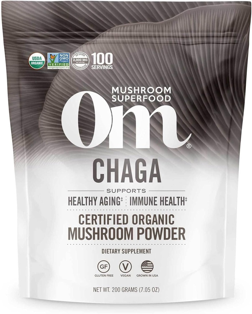 OM MUSHROOM SUPERFOOD Chaga 유기 버섯 분말, 7.05 Ounce 주머니, 100 서빙, 미국 Grown, Sacred 산화 방지제 & 면역 지원, Superfood 버섯 보충