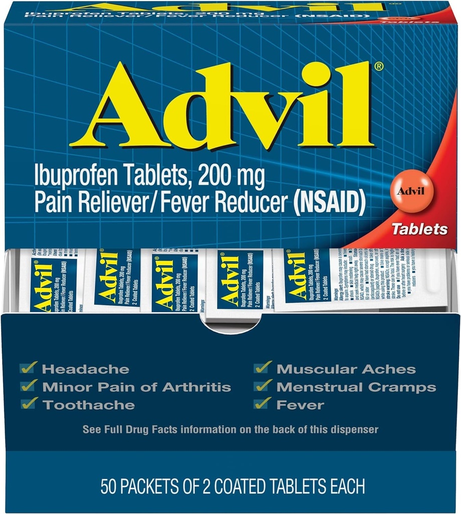 Advil Ibuprofen 정제, 200 mg 고통 Reliever/Fever 흡진기 (NSAID), 100개의 정제 (각 2개의 정제의 50의 소포)