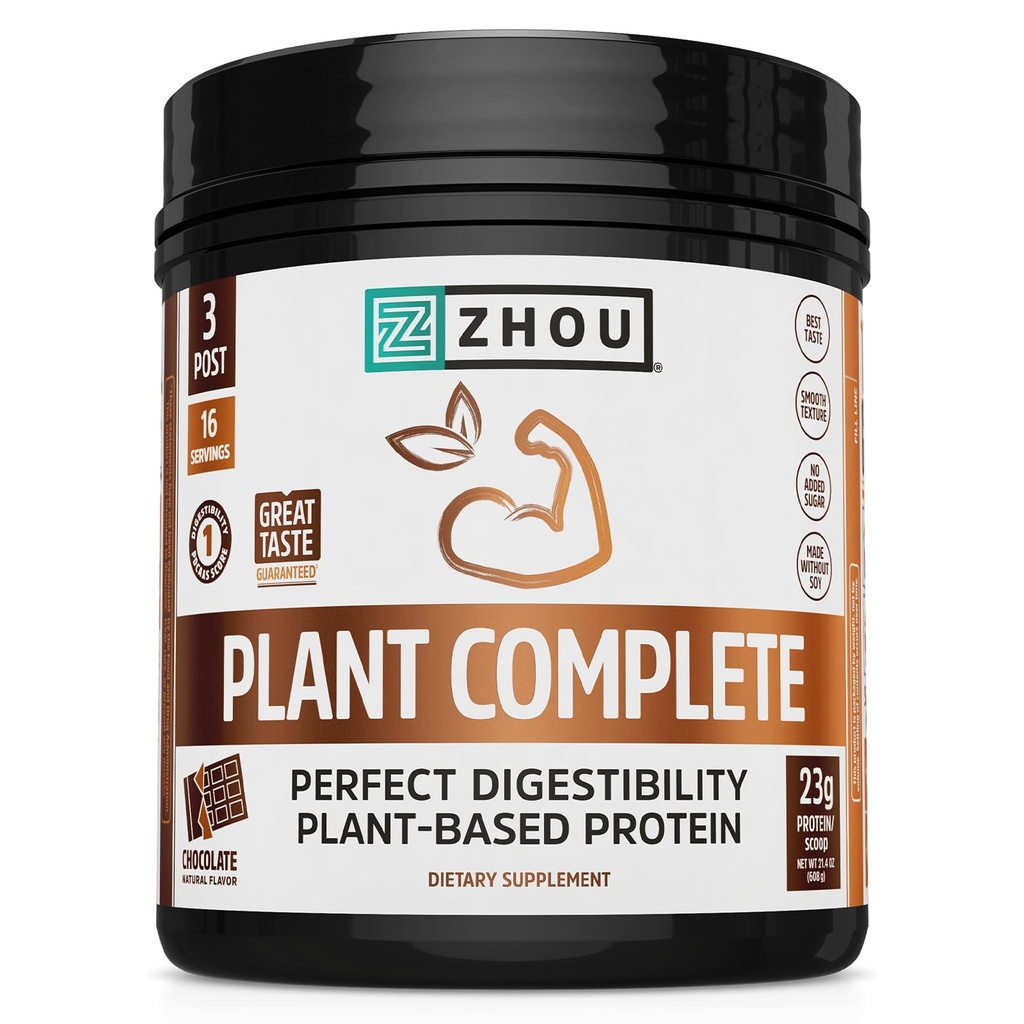 Zhou Plant Complete Vegan Protein Powder - 여성 및 남성을위한 식물 기반 단백질 분말, 비 유제품 쌀 & 완두 혼합 & 향료, 서빙 당 21g 단백질 - 초콜릿, 17.7oz (16 서빙)
