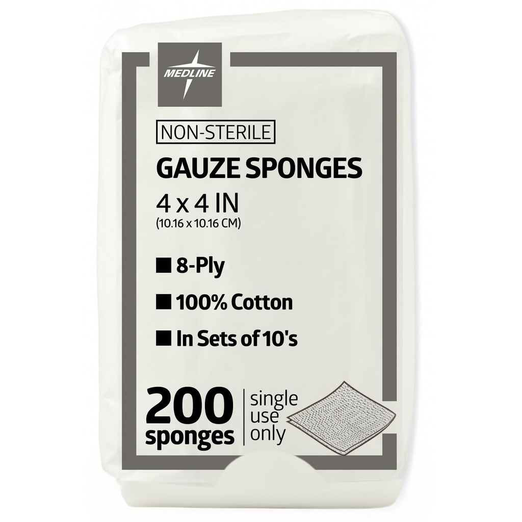 Medline 4 x 4 인치 가제 갯솜, 비 메마른 8 Ply 길쌈된 가제, 부상 드레싱, 부상 배려, 일반 응급조치 사용, 200의 팩을 위한 100%년 면, 이상
