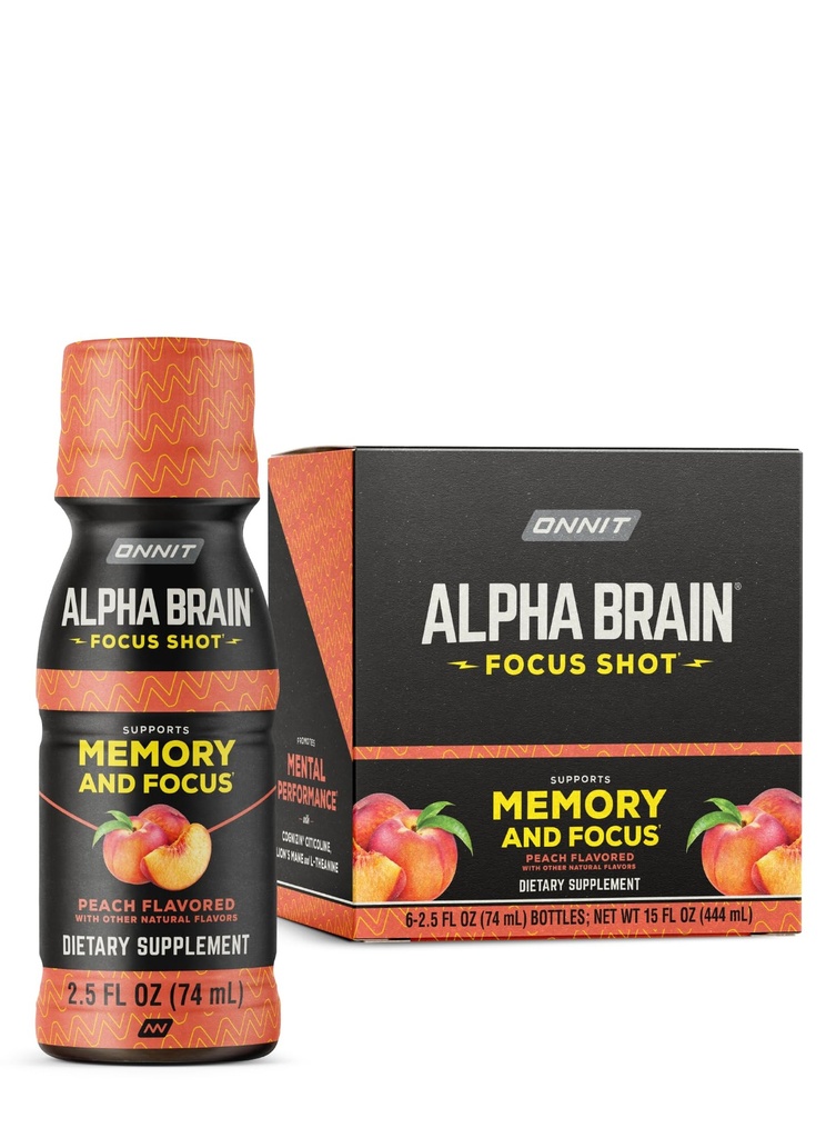 ONNIT 알파 뇌 초점 샷, 복숭아 맛, Nootropic 다이어트 보충 음료 에너지, 초점 및 무드, IGENTM 비 GMO 테스트, 2.5 fl oz, 6 카운트 지원