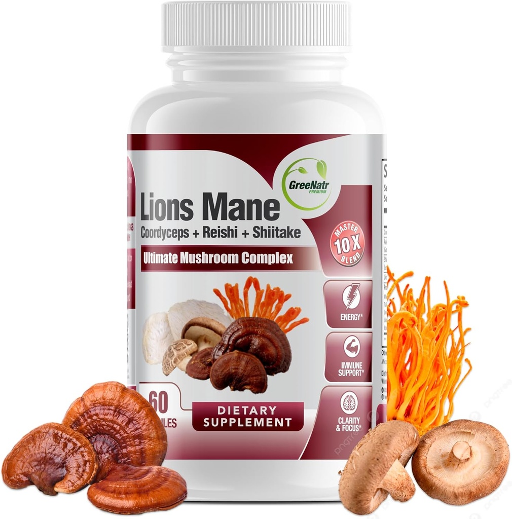 GreeNatr는 Lions Mane, Cordyceps, Shiitake, Chaga, Immune 지원, 기억, 초점 및 자연 에너지 부스터를 위한 터키 꼬리를 가진 1개의 복잡한에서 버섯 보충교재 -10를 완료합니다 - 60의 캡슐 (1 병)
