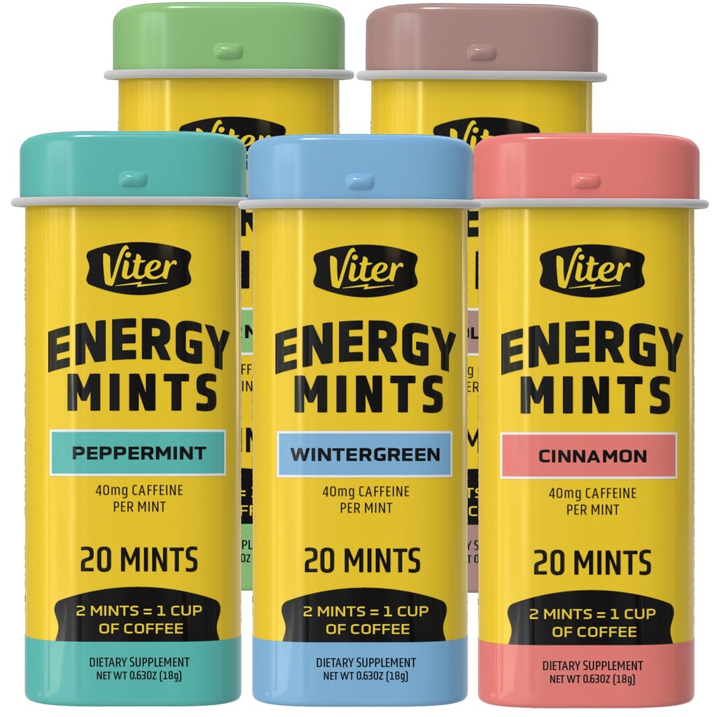 Viter 에너지 40mg 카페인 Mints - 설탕 무료, B 비타민, Vegan, Boosts 빠른 Energized Alert 초점, Caffeinated Nootropic 보충교재 알약 (Variety 풍미, 20pcs, 5 팩, 100pcs 합계)
