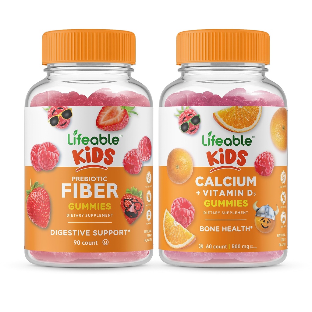 Lifeable Prebiotic 섬유 어린이 + 비타민 D 어린이 칼슘, Gummies 번들 - 훌륭한 타스팅, 비타민 보충, 글루텐 무료, GMO 무료, Chewable Gummy