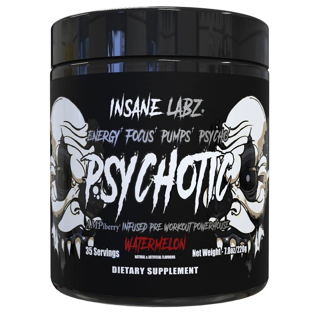 Insane Labz Psychotic Black Edition Mid Stimulant Pre Workout Powder, Energy Focus Pumps, AMPiberry, 35 서빙 (Watermelon)의 Creatine Beta Alanine Taurine 연료로로드