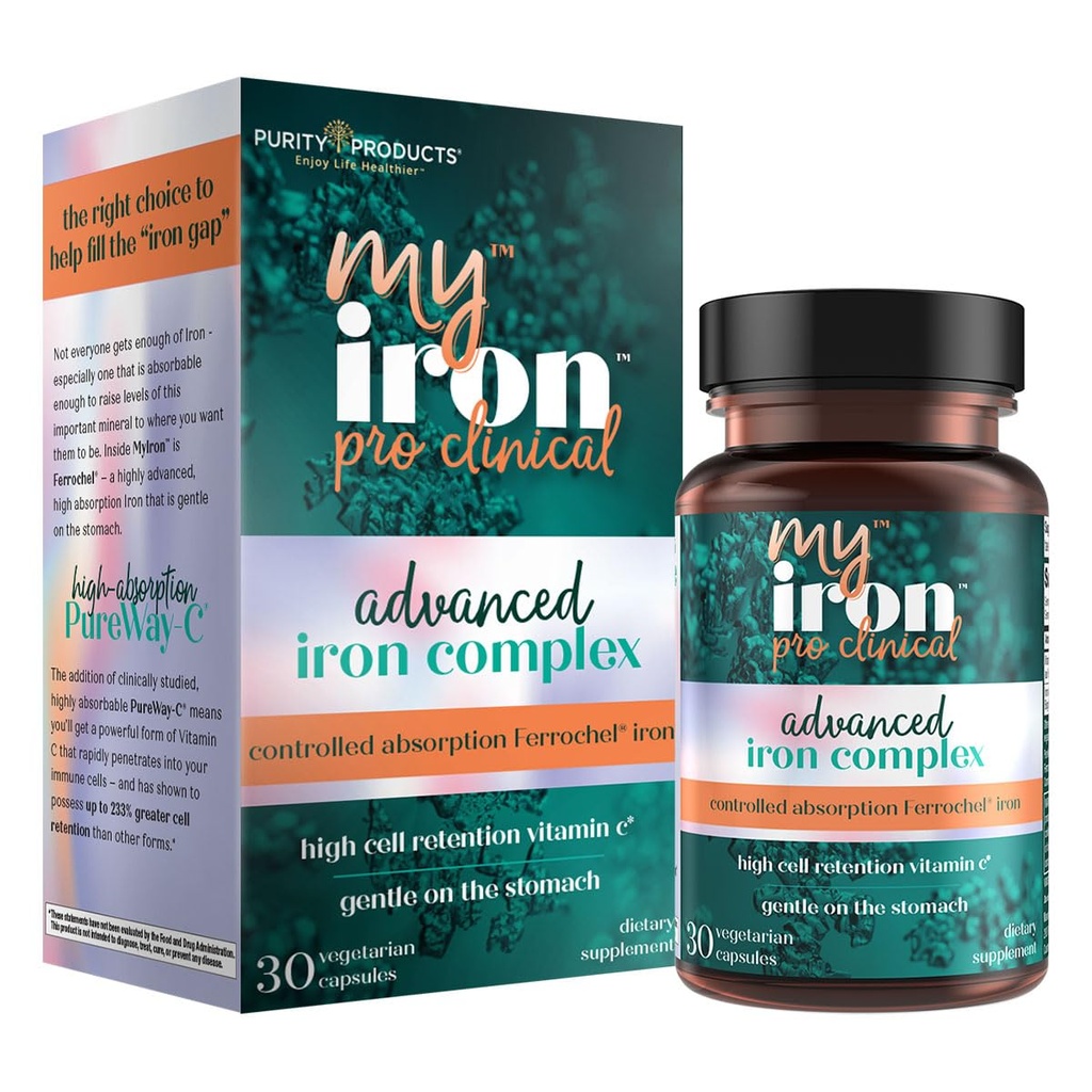 MyIron ProClinical by 순수성 제품 - 철 (Ferrous Bisglycinate Chelelate) + 비타민 C (PureWay-C) - Stomach에 Gentle - 통제되는 흡수 - 건강한 빨간 혈액 세포를 승진시킵니다 - 30 조사 (1)