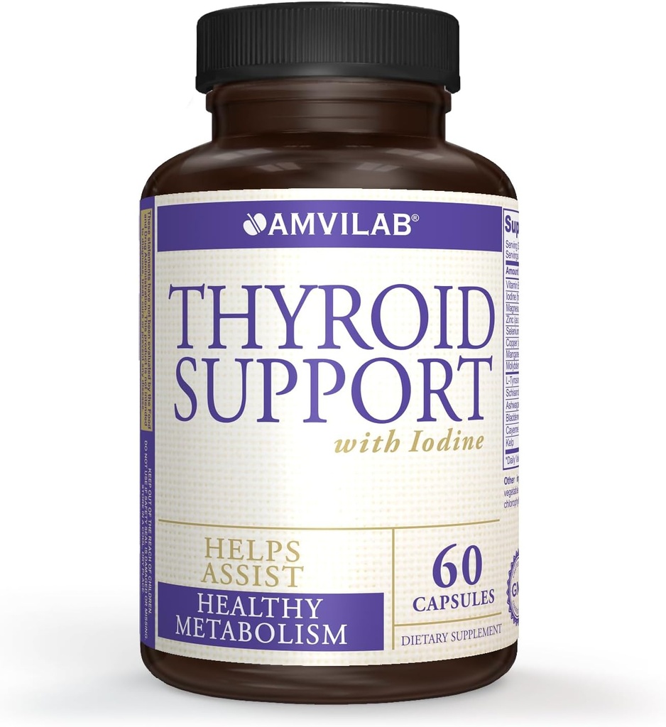 Iodine, 비타민 B12 및 12 다른 필수 성분과 갑상선 지원–건강한 Thyroid, 행복한 생활. Metabolism, Energy & Cognitive Health를 활성화하십시오. 60 캡슐